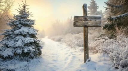 Naklejka premium Snowy winter forest path with wooden signpost