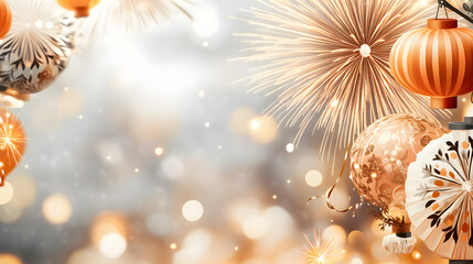 Obraz premium Celebrate the new year with festive fireworks lanterns and prosperity symbols for a joyful start