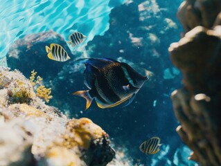 Fototapeta premium Vibrant underwater scene with colorful tropical fish swimming among coral reefs