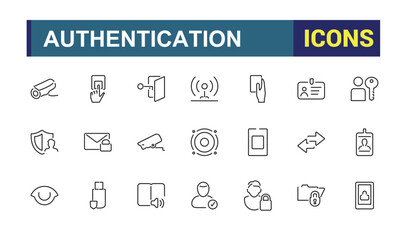 Authentication line icons set. Related to access control, identification, authorization, authenticity, biometric and more. Isolated icon design. Vector symbol editable stroke.