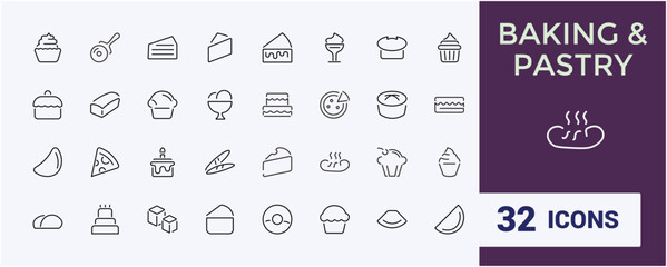 Baking And Pastry icon set. Related to baker, pastry, sugar, bun, donut and more. Thin linear style icons. Editable stroke. Vector illustration.