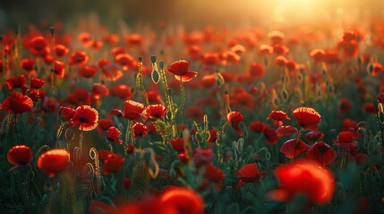 Obraz premium Vibrant impressionistic landscape of a poppy field bathed in soft light and natural beauty