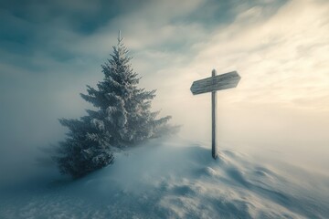 Snowy winter landscape with a wooden signpost in the foreground