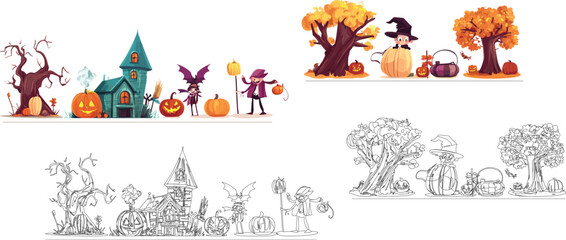 Festive Halloween Magical Scene with Pumpkins and Haunted House