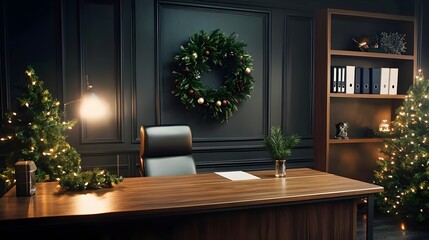 a desk in a dark room with a wreath on the wall, corner office background, ornate designs on desk, office room interior.
