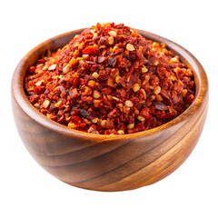 raw organic red pepper flakes in wooden bowl on transparent background
