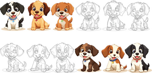Cute Cartoon Puppies with Outlines for Children's Illustrations