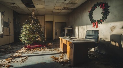 an empty office with a christmas tree in the background, in an abandoned office building