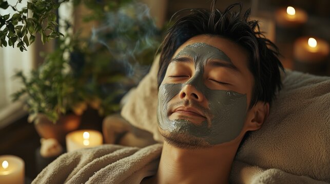 Asian man relaxing with facial mask in spa setting with candles