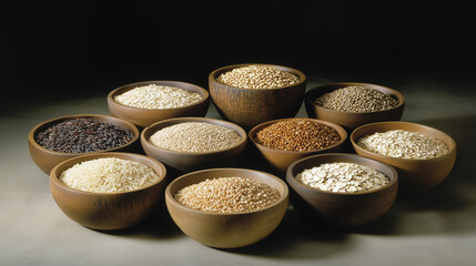 Różnorodne pełnoziarniste produkty, takie jak brązowy ryż, quinoa, owies i jęczmień, starannie ułożone w miseczkach.