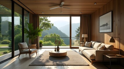 Fototapeta premium Interior of a modern glass smart house built among nature, in the forest.