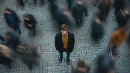 Young man stands still amidst bustling crowd. Passing people hurry up, solitude in busy urban environment. Chaos around him. Busy city street. Isolation in crowded world. Alone guy.
