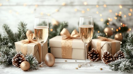 Holiday festive card featuring champagne glasses and gifts surrounded by elegant decorations on a white wooden backdrop, perfect for celebrating Christmas or New Year