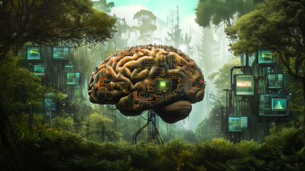 Tech-Organic Fusion: Circuit Board Brain in a Cyberpunk Forest