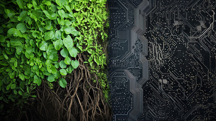 Nature Meets Tech: Collage of Greenery and Circuitry on a Forest Floor