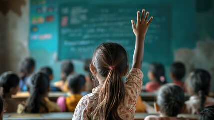 Young girl pupil raises her hand eagerly want to answer question, solve task in classroom filled with children. Enthusiasm and curiosity. Students focused on teacher. School learning, education.