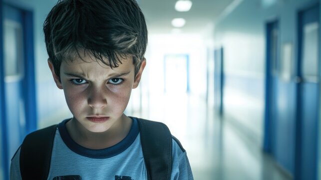 Lonely boy with backpack in school hallway. Students walk background. Solitude concept. Sad alone schoolboy stand college corridor. School bullying. Classmates conflict. Stress. Loser with bad grades.
