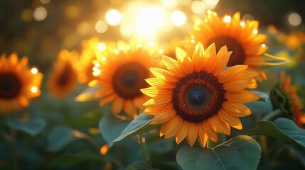 Fototapeta premium A vibrant field of sunflowers illuminated by sunlight.