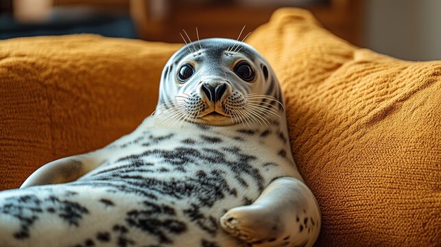 seal lying on the couch at home, abstract concept of lazy person, sluggard