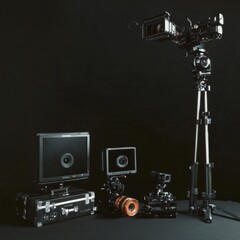 Professional video production equipment and accessories on a dark background