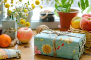 Fototapeta premium Eco-Friendly Birthday Gift Display with Recycled Paper and Twine Bow
