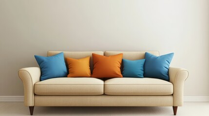 Cozy modern sofa adorned with colorful cushions, perfect for a warm living space.