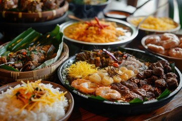 Obraz premium Variety of flavorful dishes served on banana leaves, showcasing rich culinary heritage of bali, indonesia