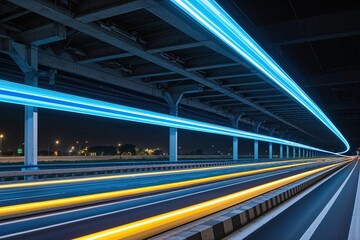 Fototapeta premium Azure Luminous Digital Rail: Illuminating the Expressway with a Dynamic Light Display and Swift Movement