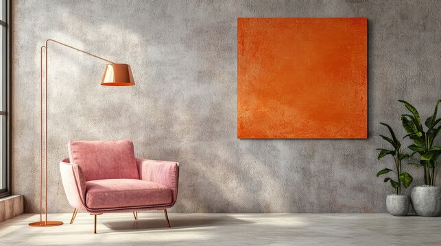 Cozy pink armchair with lamp and abstract artwork in modern, stylish interior space.