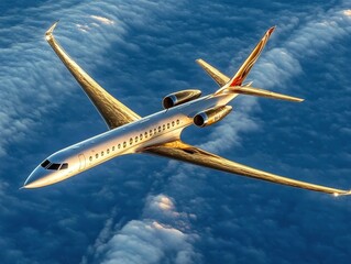 Fototapeta premium Golden private jet soaring through the clouds