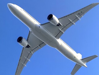 Sleek commercial airliner soaring against a clear blue sky