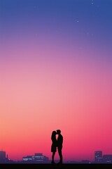 Fototapeta premium A couple is kissing in the sky with a beautiful sunset in the background. The sky is a mix of purple and blue, and the couple is standing on a rooftop