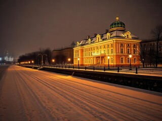Fototapeta premium Illuminated building on the embankment in snowy winter