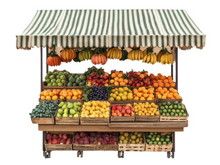 Vibrant selection of fresh fruits at a colorful market stall isolated on transparent background