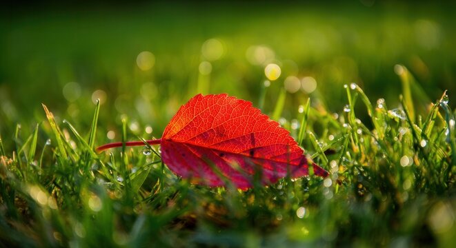Autumn red leaf on dewy green grass in morning light
