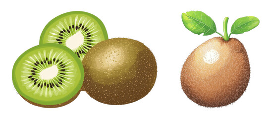 Fototapeta premium Delicious and Nutritious Kiwi and Cherimoya Fruits Isolated on White Background, Featuring Sliced Kiwi Half and Whole Cherimoya with Leaf for Healthy Eating Concept