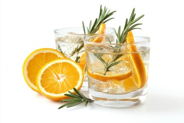 Fototapeta premium Two glasses of orange and rosemary infused beverages with orange slices on a white background