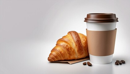 a cup of coffee to go and a croissant in a paper package on a white background ai generative