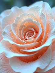 A stunning close-up of a delicate peach rose, adorned with glistening water droplets. The soft petals radiate a serene and tranquil beauty, perfect for floral themes.