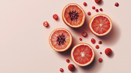 Vibrant red citrus fruits and berries on a light background