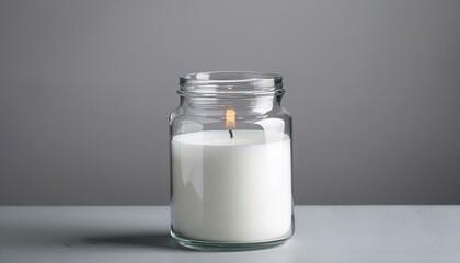 blank white pillar candle in glass jar mockup gray background