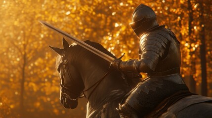 Armored knight riding a horse in a golden autumn forest