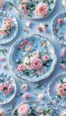 Vintage Porcelain Plates with Floral Patterns on a Blue Background
