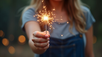 Comemoração mulher desfocada com fogos de artifício de mão aceso e Faíscas Brilhantes 2