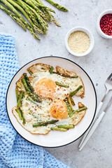 Fried eggs with asparagus and grated cheese. Breakfast concept.