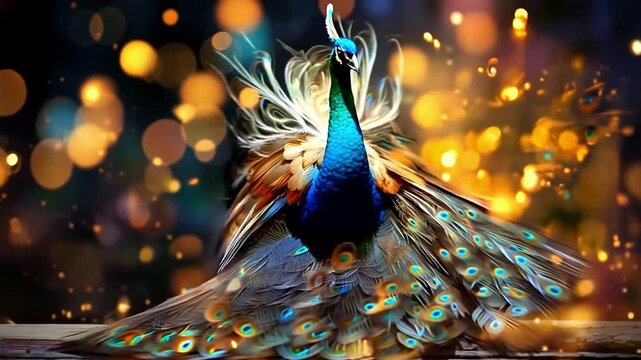 Beautiful peacock against a magical background. Fairytale wallpaper. Magic postcard.
