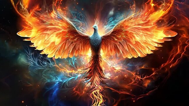 Beautiful firebird on the magical background. Phoenix.Burning bird. Mythical Creature. Legend. Fantasy Fiery bird.