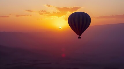 Fototapeta premium Hot air balloon gliding through a serene sunset sky, silhouetted against the warm orange and purple hues of the horizon. Perfect for travel, adventure, and tranquility concepts.