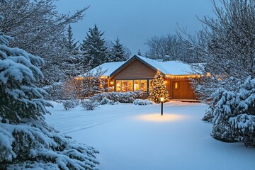 A snow-covered house with a Christmas tree and lights on a winter evening