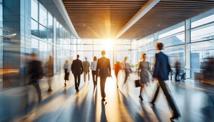 A bustling corporate hallway with people walking toward a bright sunlight source.